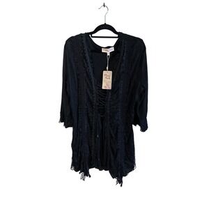 Pretty Angel Black Lace Trim Detail Open Front Cardigan Top Plus Size 2X